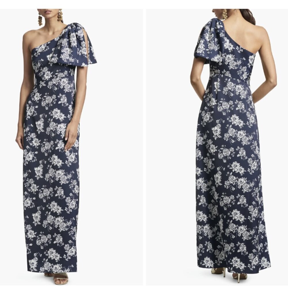 Sachin + Babi Navy and White One-Shoulder Floral Gown